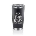 A black tumbler that has the Bones Coffee Company logo on it. The logo has a skull that looks like a mug and has steam coming out of it above the text Bones Coffee Co with the word Bones spelled with bones.