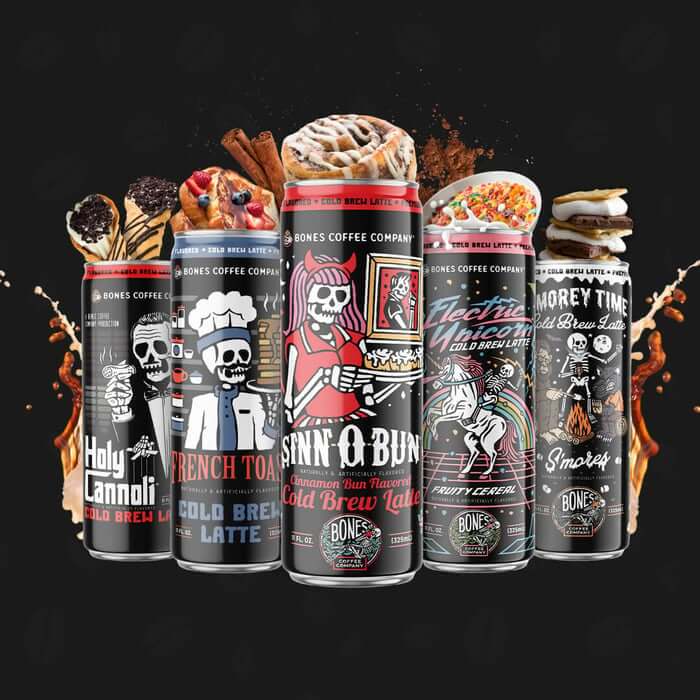 Bones coffee cold brew latte cans in dessert-inspired flavors and vibrant skeleton art.
