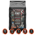 A bag with fives Bones Cups in front of it. It says there's 20 Bones Cups inside and that they're High Voltage, Strawberry Cheesecake, Medium Roast, Maple Bacon, and French Vanilla.
