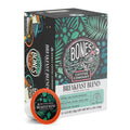 The front of the Bones Coffee Company Breakfast Blend 12 Count Bones Cups box. Its tasting notes are chocolate, honey, and dried fruit. It has the Bones Coffee Company logo in the center of the art with a skeleton drinking coffee on greenery. Greenery is around the logo.