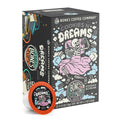 The front of the Bones Coffee Company Cookies N’ Dreams 12 Count Bones Cups box. Its flavor is cookies and vanilla ice cream, and it has a skeleton with a pillow and blanket holding a cookie and tub of ice cream on the art.