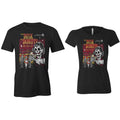 The front of the women's and men's From Dusk til Donuts tee shirts. They are colored black and have the art of the From Dusk til Donuts coffee on them. It showcases a skeleton dressed like a vampire holding a jelly donut while people leave a donut shop on the art.