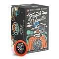 The front of the Bones Coffee Company French Vanilla 12 Count Bones Cups box. Its flavor is a creamy vanilla, and it has a skeleton wearing a beret with a black and white striped shirt drinking coffee before the Eiffel tower on the art.