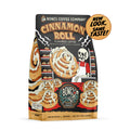 A 12 ounce bag of flavored coffee named Cinnamon Roll. It is cinnamon roll flavored, and the art has a skeleton holding out a fresh cinnamon roll on it. There is a swirl that says new look, same taste.