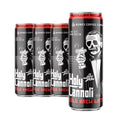 Four Holy Cannoli cold brew latte cans. The art on the can shows a skeleton in a suit with a bowtie holding a freshly baked cannoli.