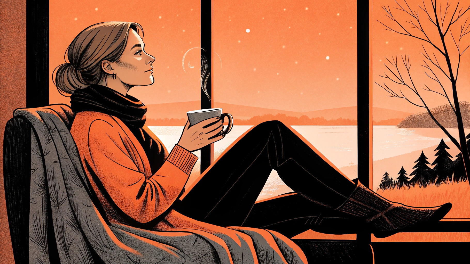 sad woman sipping coffee by the window in winter