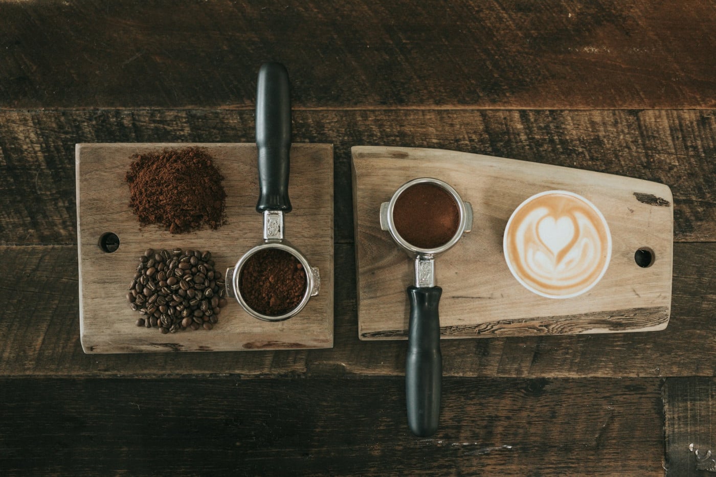 Coffee beans, ground espresso, and latte art.