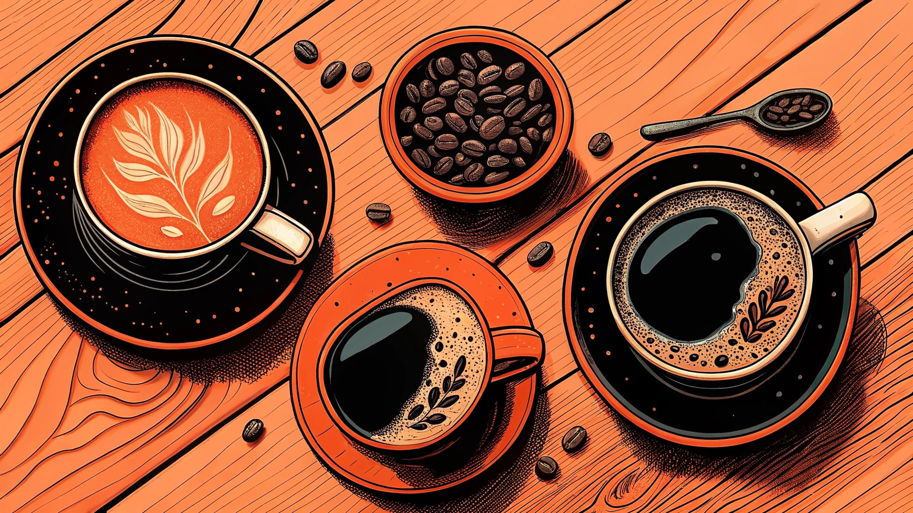 three different types of coffee displayed on wooden table