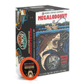 The front of the Bones Coffee Company Megalodonut 12 Count Bones Cups box. Its flavor is boston cream donut. It has a skeleton fishing with donuts as bait and a boat cream shark underwater on its art.