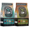 The front of two twelve ounce bags. On the left is the medium roast of Bones Better Brain mushroom coffee, and on the right is the dark roast of Bones Better Brain mushroom coffee.