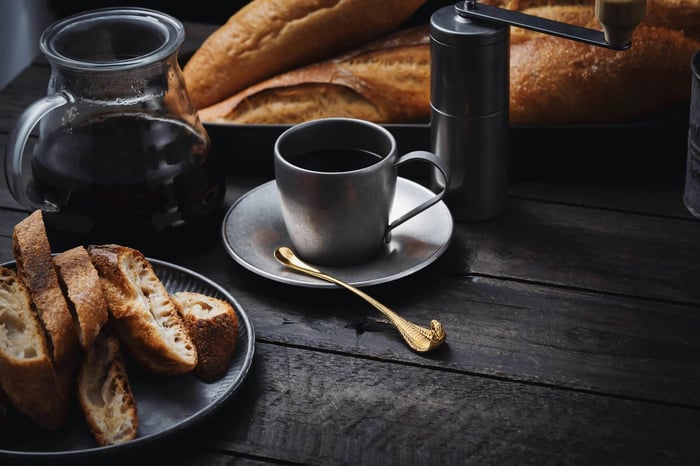 Coffee and bread served for breakfast