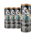 Four Salty Siren latte cans. The art on the can shows a skeleton in a sailor’s outfit holding a mermaid in its arms on its art. Its flavor is sea salt and caramel mocha.