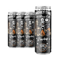 A four pack of S'morey Time cold brew lattes. The art on the can shows a skeleton holding a flashlight around a campfire with bigfoot and a werewolf.