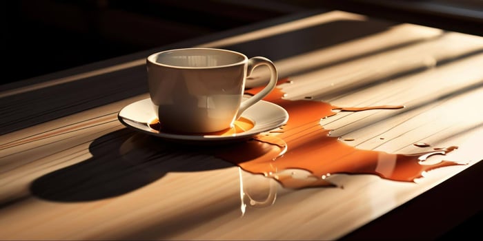 Spilled tea surrounds a white cup on a sunlit wooden table.