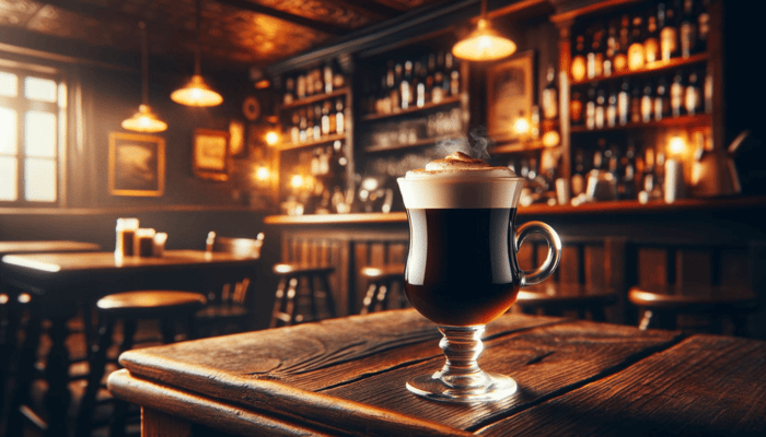 Irish hot coffee in rustic pub setting.